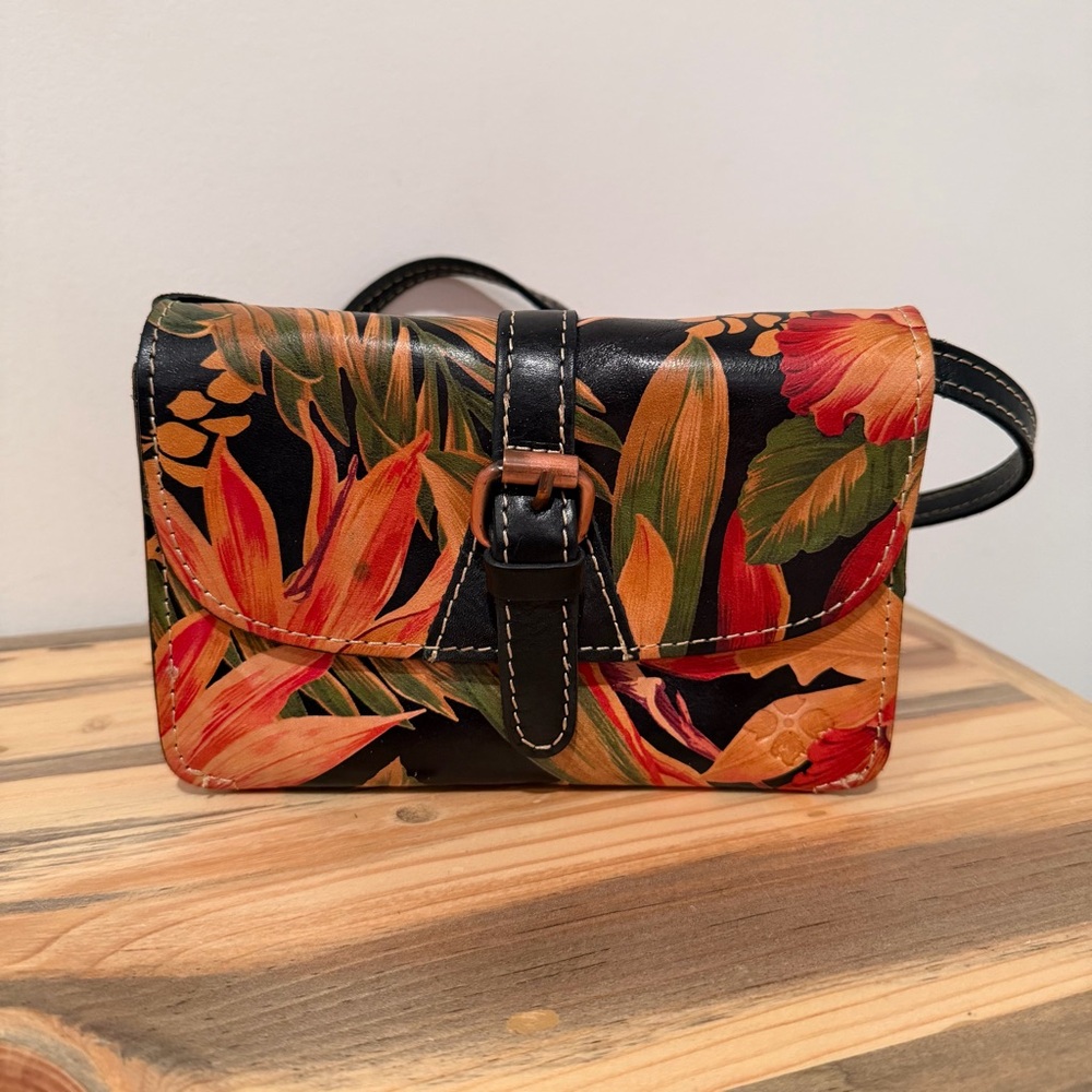 Patricia Nash Black Floral Crossbody with Orange & Green Blooms